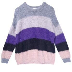 PRMA Colorblock Fuzzy Knit Sweater Women M Oversize Cozy Stripe Purple Pink Grey